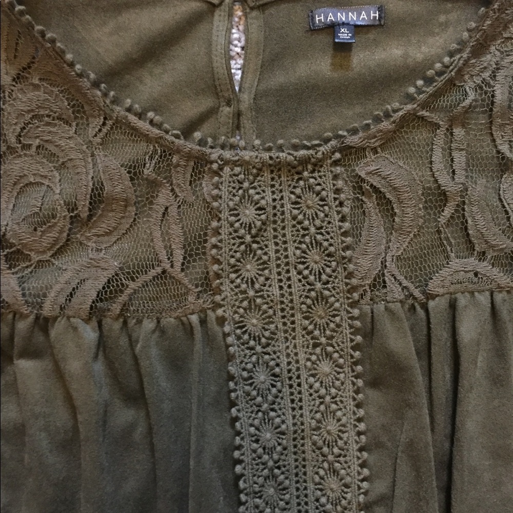 Faux suede olive shirt with lace